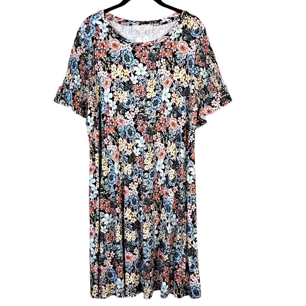 LOFT Plus Shift Dress 14 Women's Multi Floral Smocked Sleeve Cottagecore Summer